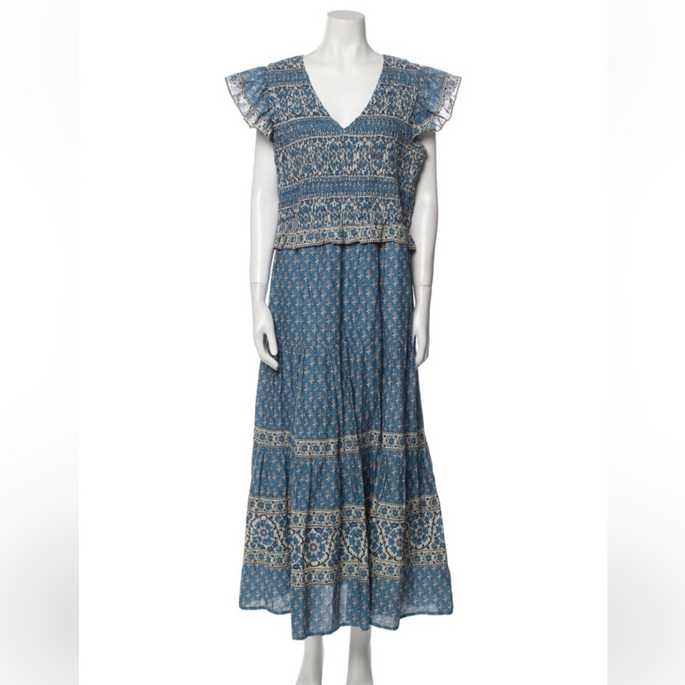 Sea New York Blockprint Blue and Cream Maxi Dress